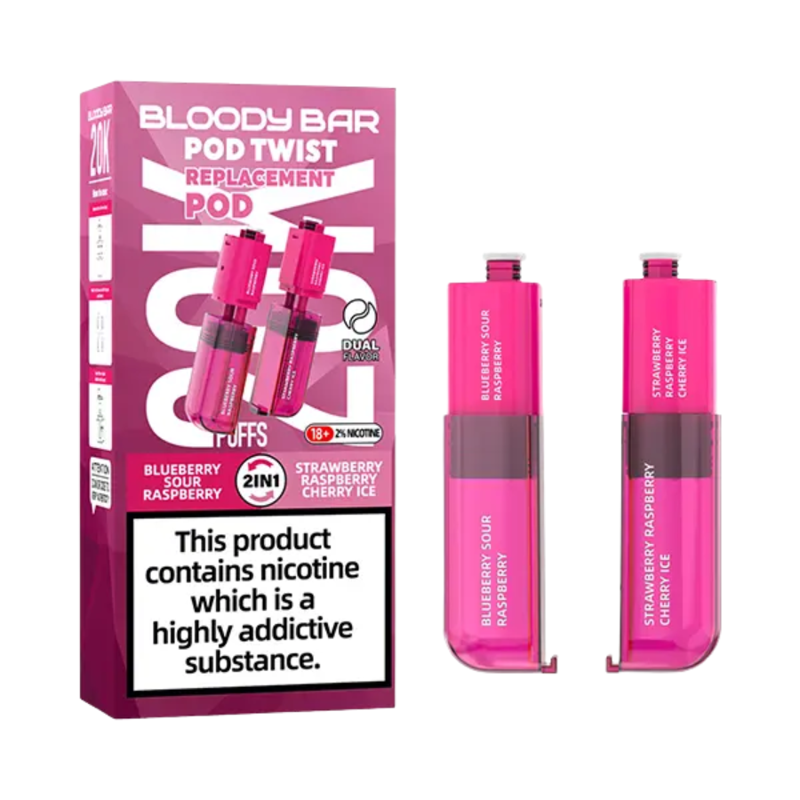 Bloody Bar Pod Twist 20K Blueberry Sour Raspberry & Strawberry Raspberry Cherry Ice Refill Pods– Case of 10