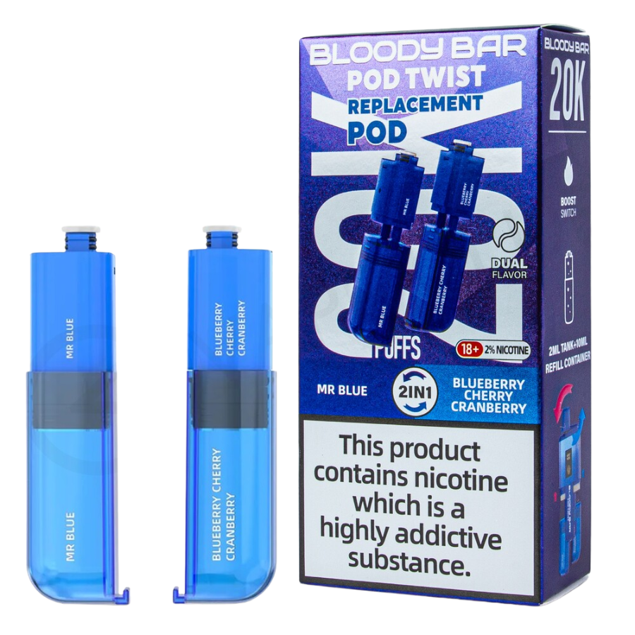 Bloody Bar Pod Twist 20K Mr. Blue & Blueberry Cherry Cranberry Refill Pods – Case of 10