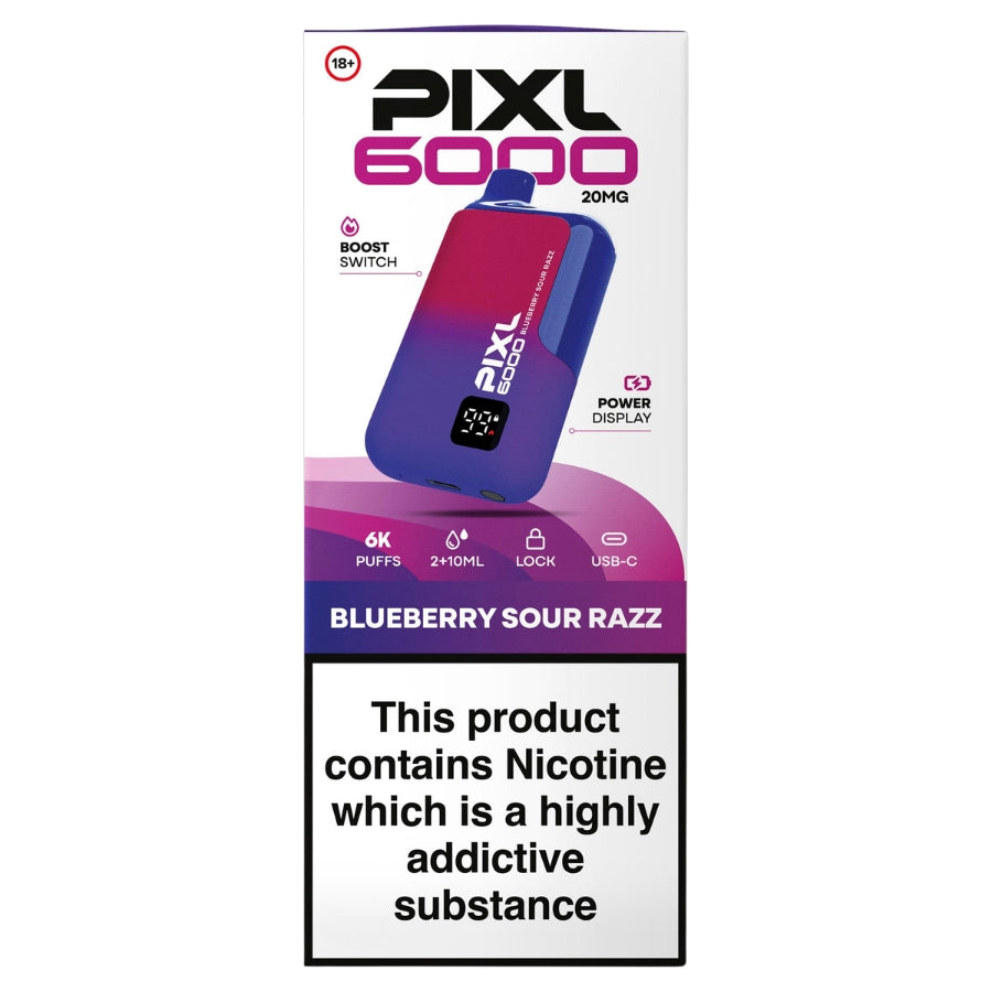 PIXL 6000 Blue Sour Razz Prefilled Rechargeable Disposable Vape 20mg - Case of 5